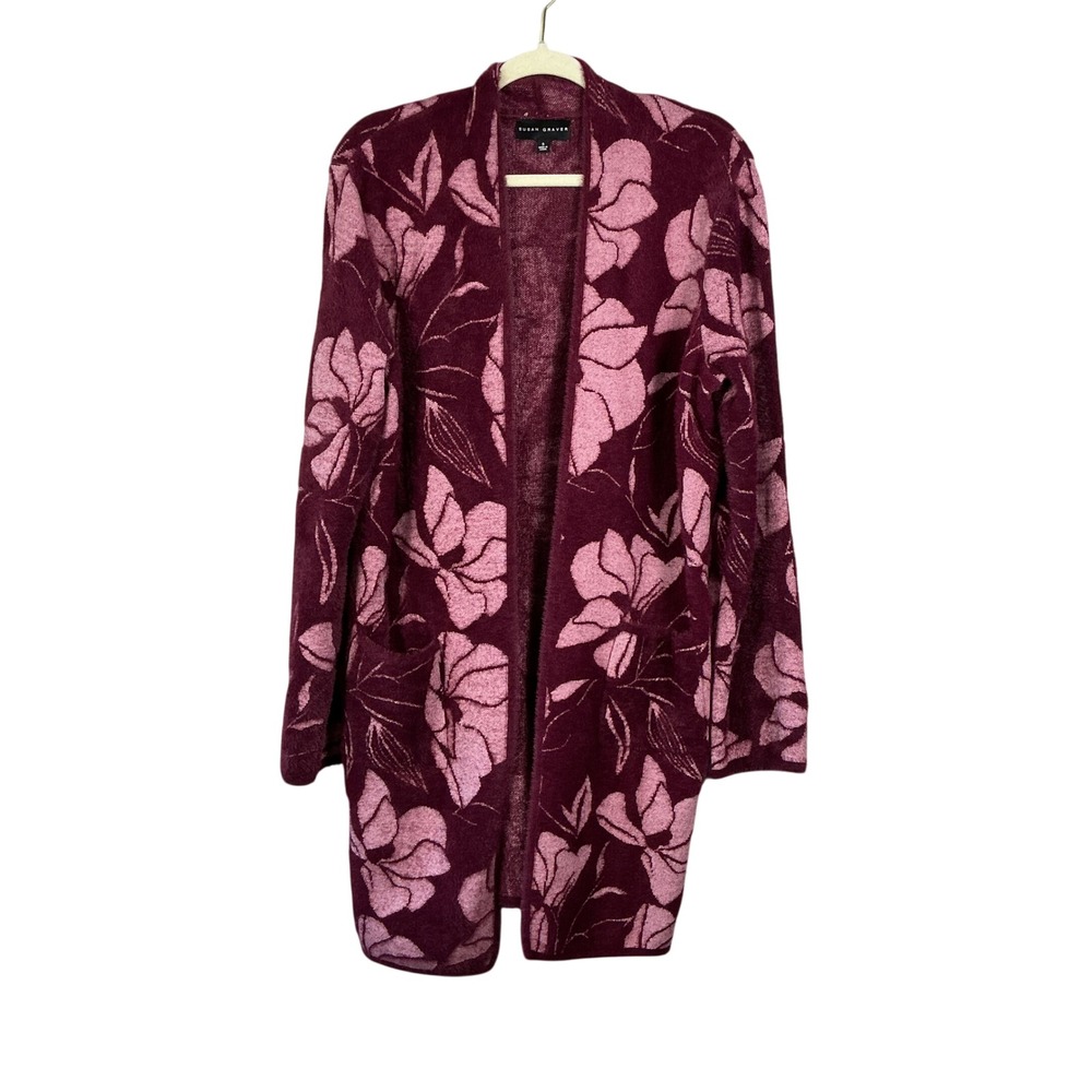 Susan Graver Womens Floral Knit Open Front Cardigan Burgundy Pink Small